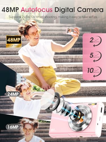 Digital Camera,Autofocus 4K Vlogging Camera for Photography with 32GB Card,48MP Portable Compact Point and Shoot Digital Camera for Teens Adult Beginner with 16X Zoom,Anti-Shake,2 Batteries(White)