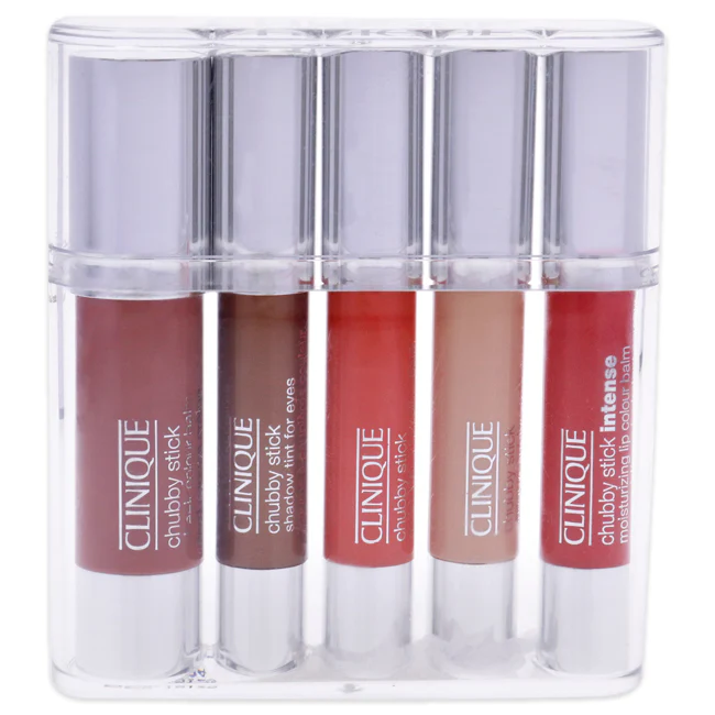 Clinique Chubby Sticks For Cheeks, Eyes & Lips Set by Clinique for Women - 5 Pc Set 0.10oz Chubby Stick Shadow Tint For Eyes - Bountiful Beige (01), 0.10oz Chubby Stick Shadow Tint For Eyes - Fuller Fudge (03), 0.10oz Chubby Stick Intense Moisturizin