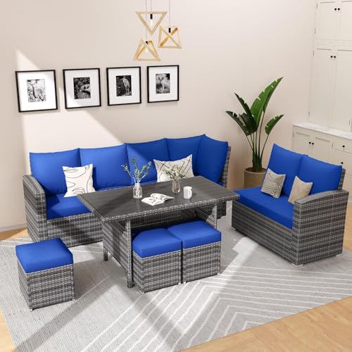 7 Piece Outdoor Patio Furniture Set with Plastic Wooden Table, Patio Rattan Conversationr Sofa Set, All Weather Sectional Rattan Sofa and Chairs, Garden, Porch, Poolside, Blue
