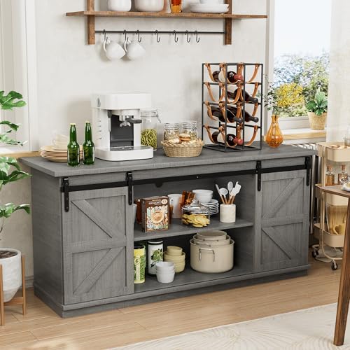 Shahoo Farmhouse Sideboard Buffet Cabinet, Coffee Bar Storage with Sliding Barn Doors, Shelf for Home Dining Room, White