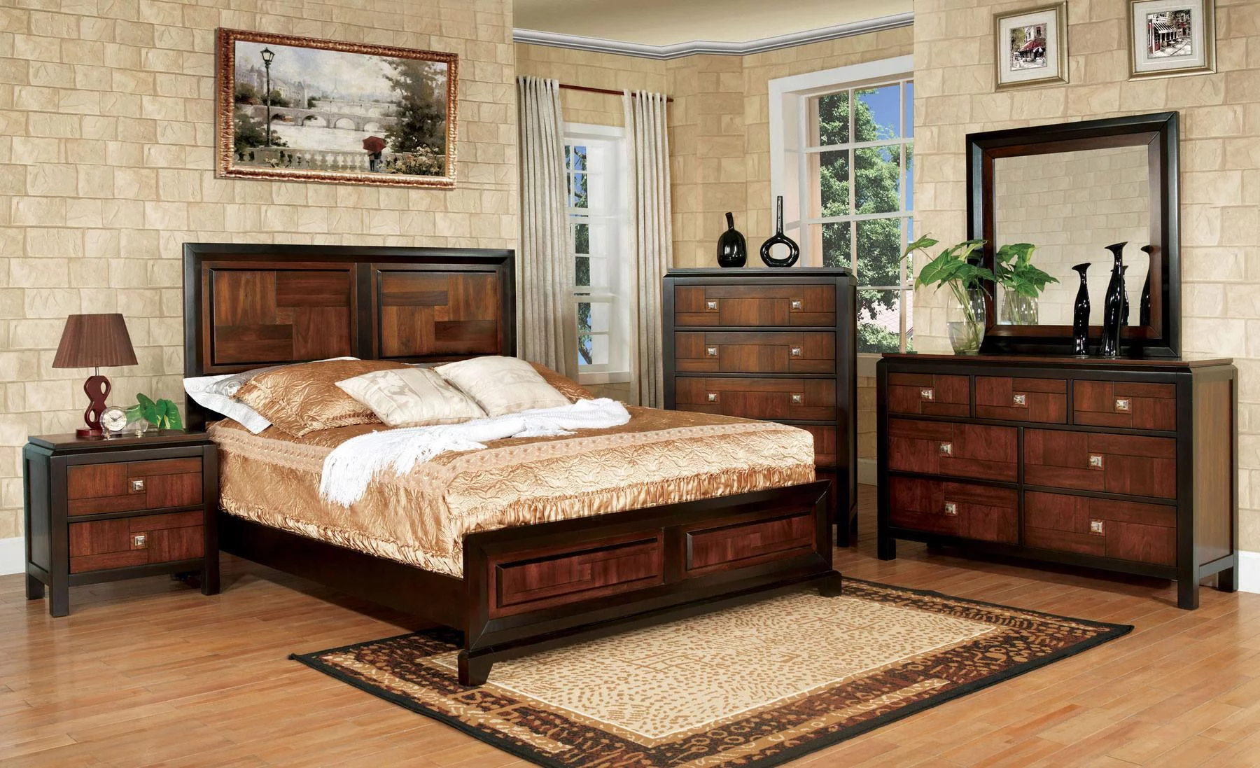 Acacia & Walnut Solid Wood Full Bedroom Set 5pcs FOA CM7152-F Patra