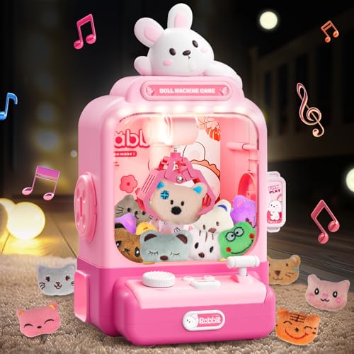 Claw Machine for Kids, Bunny Toy Glowing Arcade Game with LED Lights & Sound, Mini Rabbit Vending Machines Candy Grabber Prize Dispenser with Mini Plush Dolls, Home Party Easter Birthday Gifts