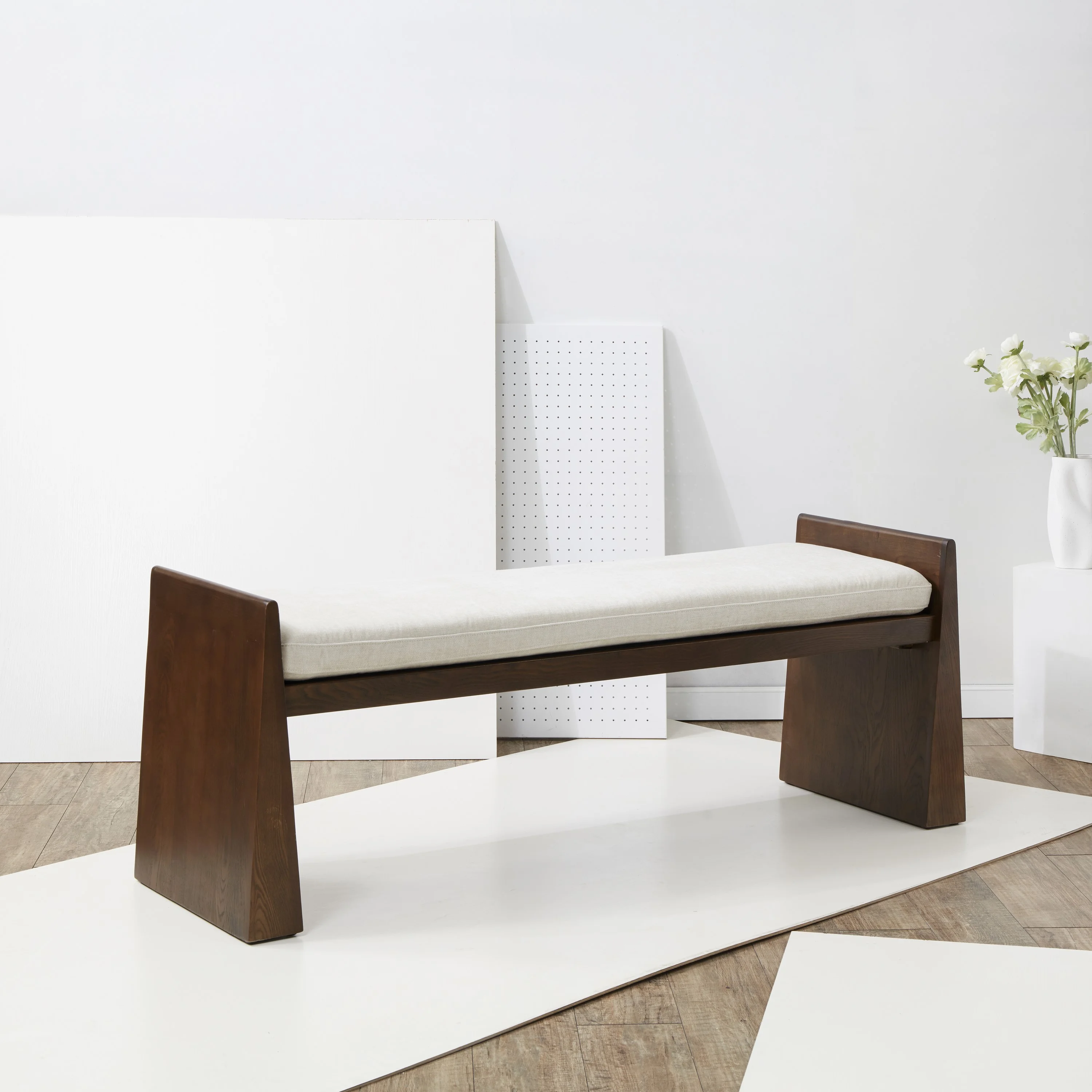 SAFAVIEH Couture Blanchette Solid Velvet Modern Bench with Wood Frame, Cream/Walnut