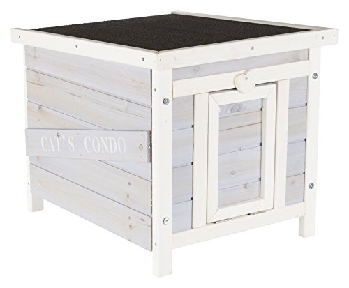 TRIXIE Small Outdoor Cat House, Weatherproof Cat Home with Raised Floor, Hinged Asphalt Roof & Covered Opening, Outdoor Shelter for Cats and Small Animals, Gray & White Fir Wood
