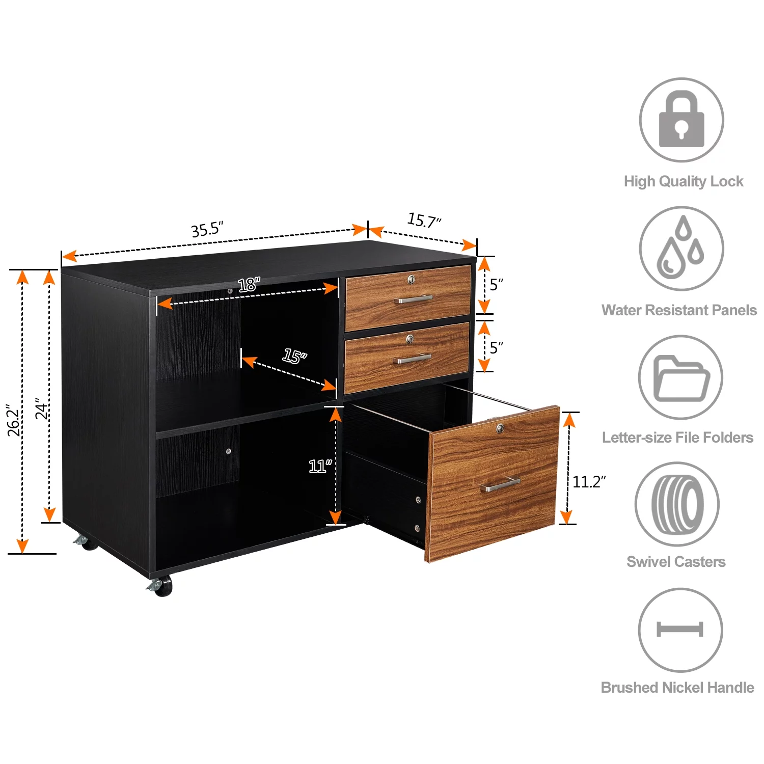 Rolling 3 Drawer File Cabinet with Lock, Wood Lateral Filing Cabinet with Open Shelves