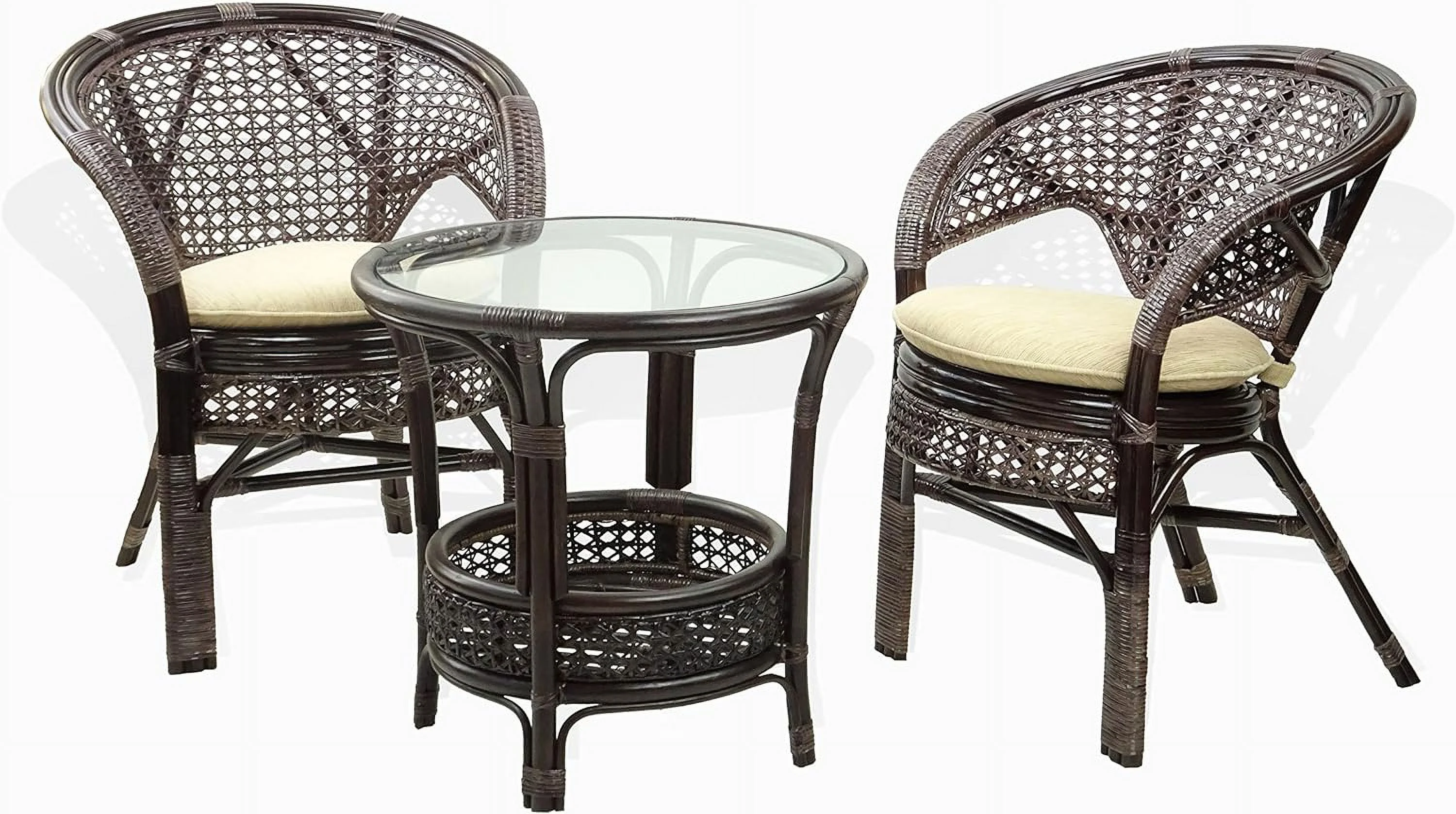 TJUNBOLIFE Pelangi Round Coffee Table Natural Rattan Wicker with Glass Top Handmade  Dark Brown