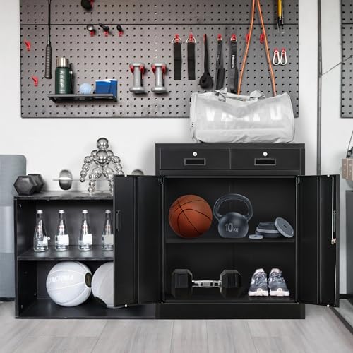 Metal Storage Cabinet with 2 Lockable Doors and 2 Adjustable Shelves, Steel Garage Cabinet, Small Locker Steel Cabinets-Easy Assembly, Pantry Cabinet for Office,Home,Garage,Gym,School (Black)