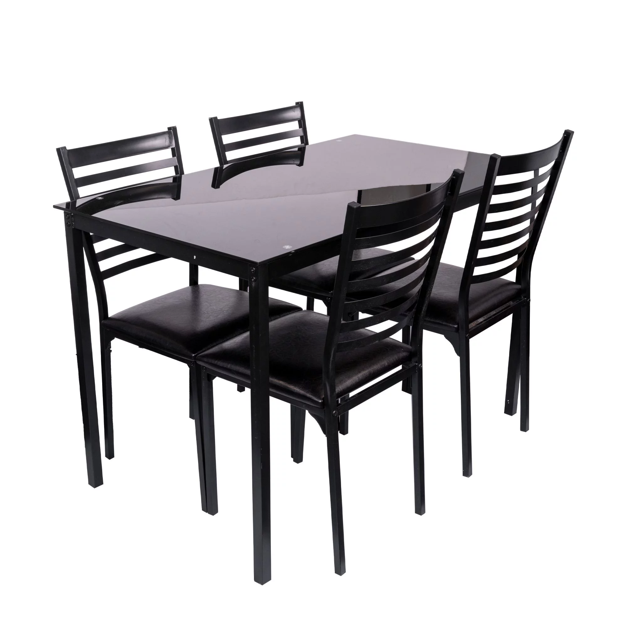5 Piece Dining Table Set Kitchen 1 Table and 4 Upholstered Chairs Metal Frame Tempered Glass Top Black