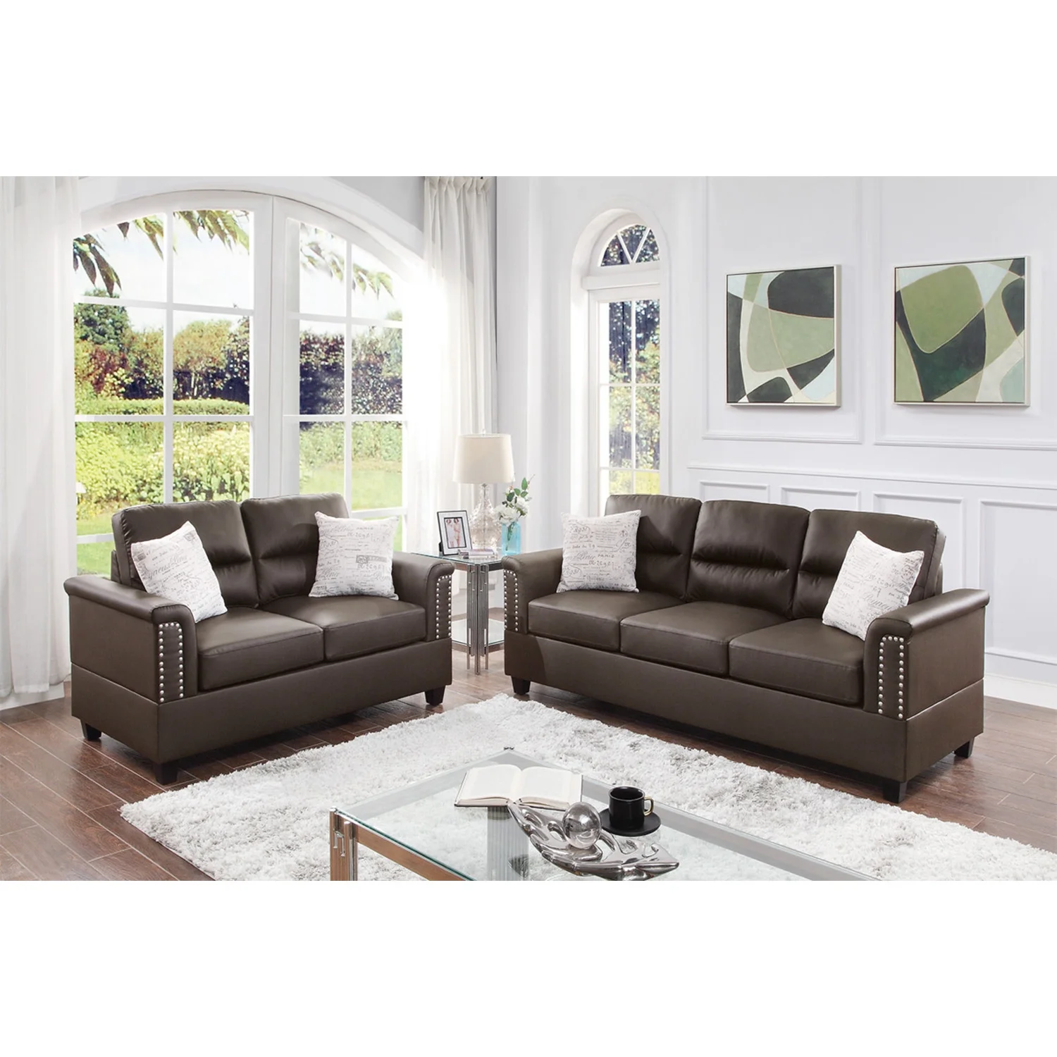 Maykoosh Rococo Romance Furniture 2 Piece Faux Leather Sofa and Loveseat Set in Espresso Color