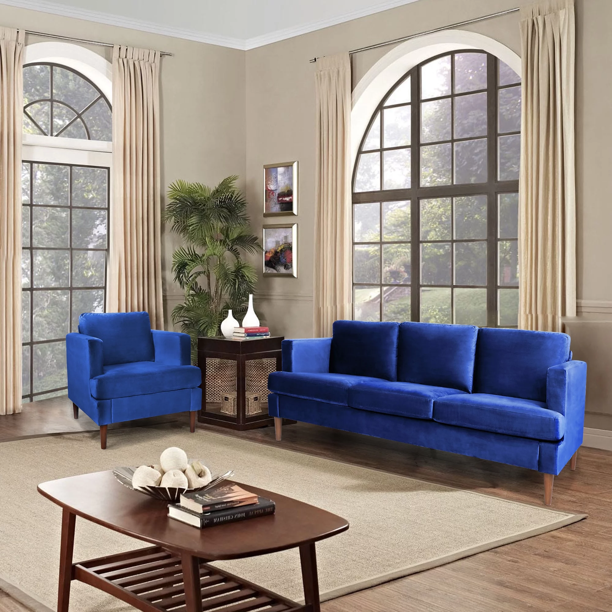 Yocwo Velvet Couches Set,2 Piece Sofa Including Three Seat Sofa and Single Chair for Living Room (Blue)