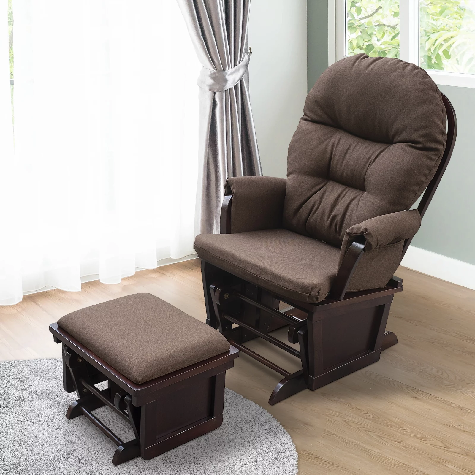 HOMCOM Nursery Glider Rocking Chair with Ottoman, Thick Padded Cushion Seating and Wood Base, Brown