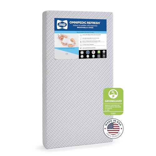 SEALY BABY OmniPedic Refresh Breathable Crib Mattress, GREENGUARD Gold Certified, Made in USA, Removable Knit Cover, 2 Stage, Toddler Bed Fit, Safety & Quality Tested, 52x28