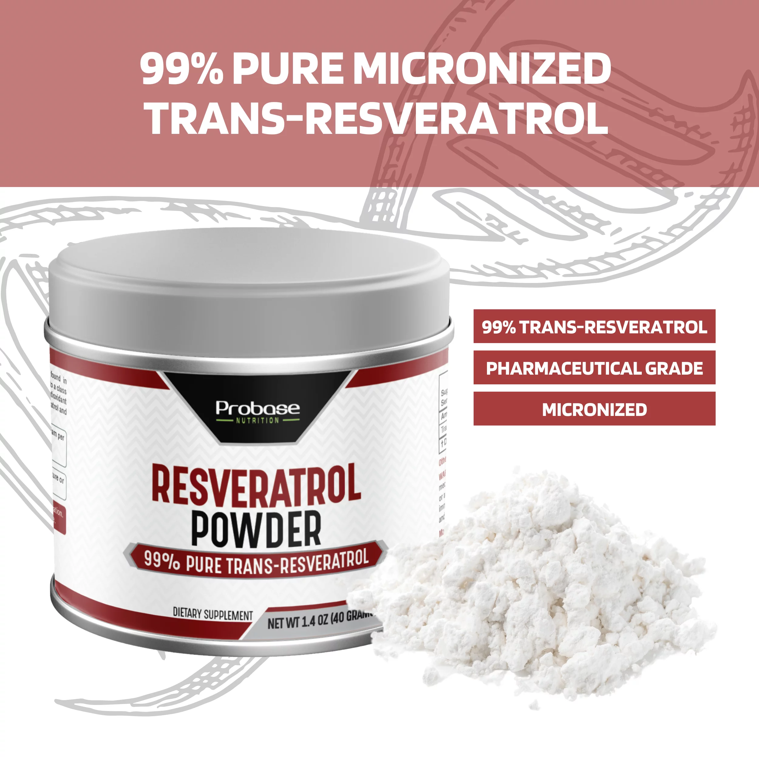 Probase Nutrition 99% Micronized Trans-Resveratrol Powder - 1000mg | Pure Pharmaceutical Grade Trans-Resveratrol Powder, 40g Jar, 40-Day Supply