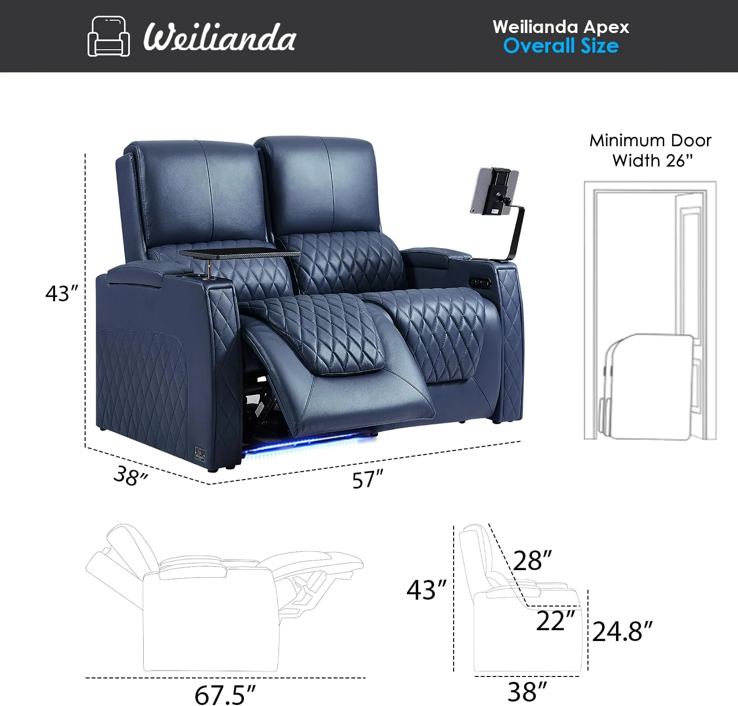 Weilianda Astronaut Zero Gravity Home Theater Seating Top Grain Leather Recliner Sofa Power Headrest Footrest with Carbon Fiber Tray Table, Tablet Stand, Cup Holders Row of 2 Loveseat Navy Blue