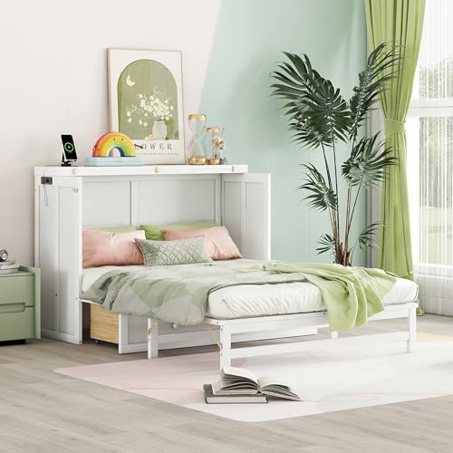 KEIKI Full Size Cabinet Murphy Bed with Charging Station and Drawers, Multiple Storage Foldable Hideaway Wall Murphy Bed Frame with Solid Slats, No Box Spring Needed, Easy Assembly, for Bedroom, White