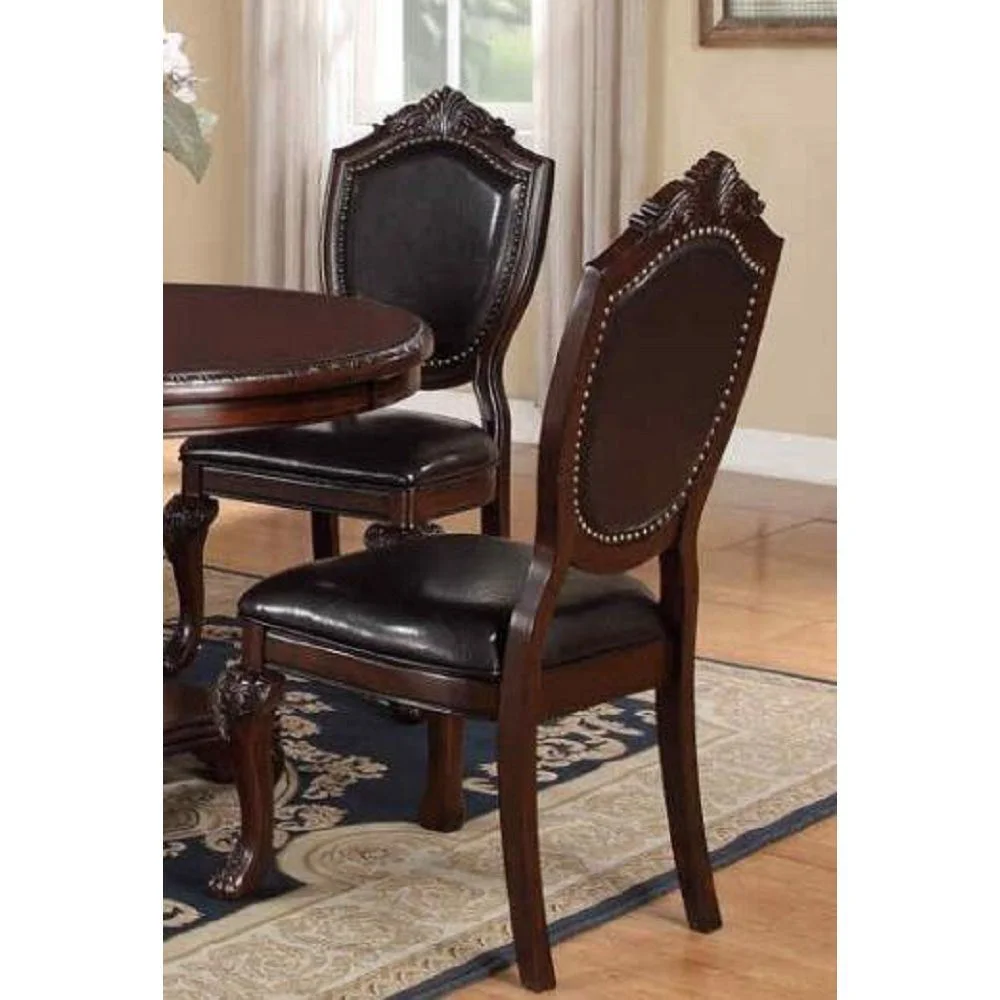 LANTRO JS Royal Majestic Formal Set of 2 Side Chairs Brown Color Rubberwood Dining Room Furniture Intricate Design Faux Leather Upholstered Seat