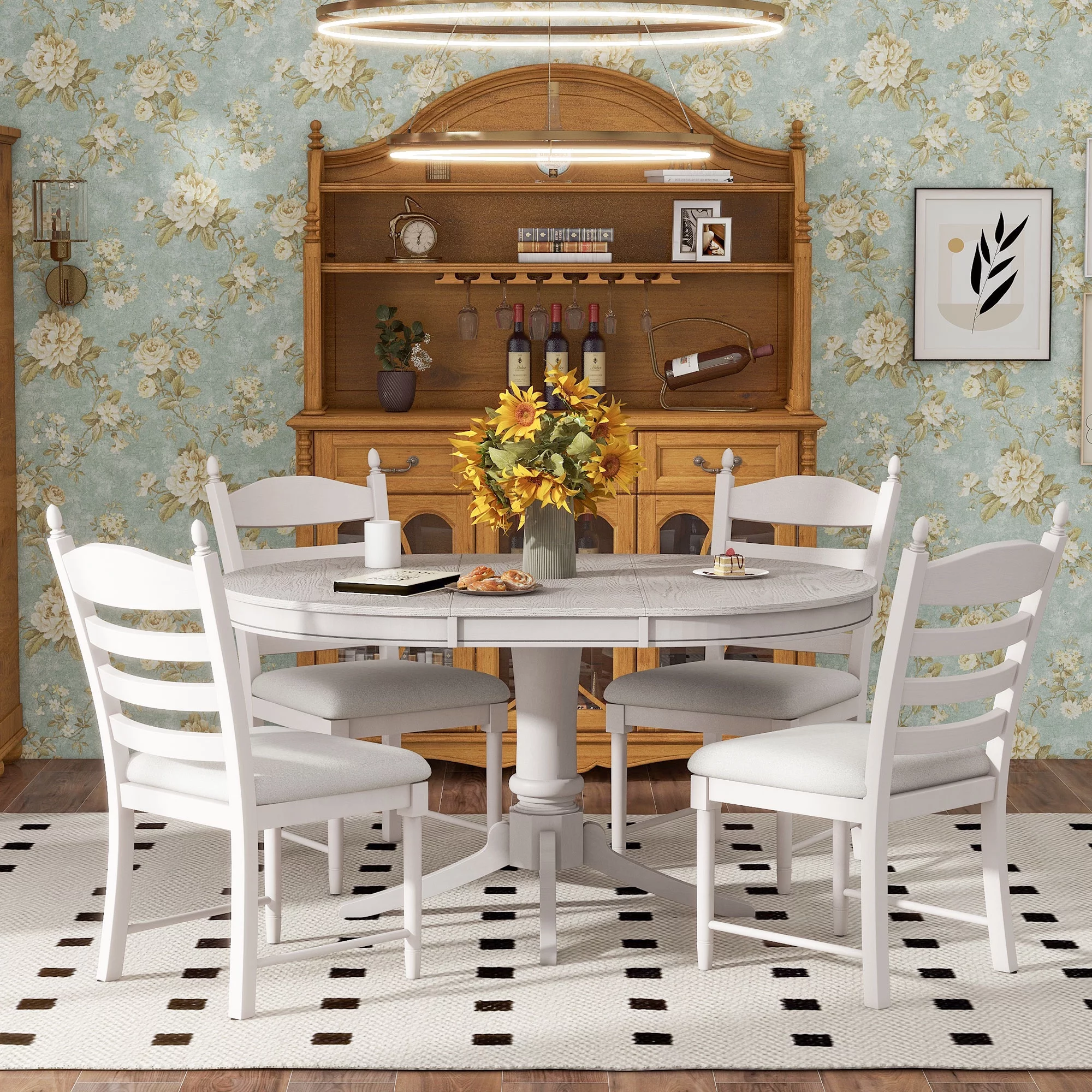 5 Piece Round Dining Table Set, Dining Room Set with Extendable Table and 4 Upholstered Chairs, Wood Dining Table Set for 4, Farmhouse Dining Table Set for Kitchen Dining Room Dorm Apartment, White