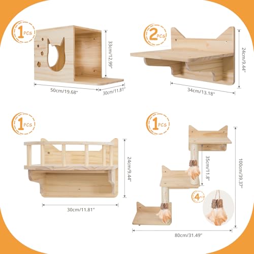 9-Piece Wall-Mounted Cat Shelves Set, House, Lookout Tower, 2 Sisal Scratching Posts, 5-Step Cat Wall Ladder, Pine Furniture, Extra-Wide & Long for Large Cats, Space-Saving Indoor Shelves