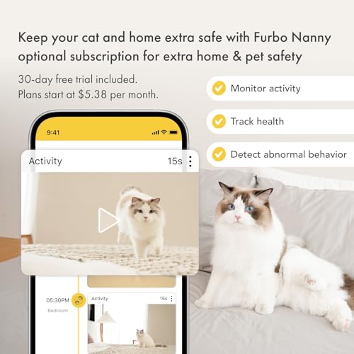 Furbo 360° Cat Camera - Unlock Camera & Smart Features w/Paid Plan: Home Security & Pet Safety Alerts, Rotating Treat Dispenser w/Speaker, Smart Cam w/Phone App (Subscription Required, 3mo Minimum)