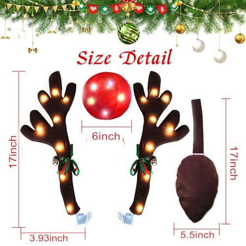 Upgraded Christmas Car Reindeer Antlers Decoration Kit, Vehicle Xmas Auto Decoration Reindeer Kit with Jingle Bells Rudolph Reindeer, Red Nose, Tail Suitable for Any Cars- Add Holiday Spirit