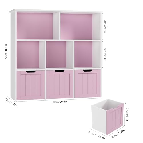 FOTOSOK Toy Storage Organizer with 3 Movable Drawers, Toy Organizer with Hidden Wheels and 5 Open Cubbies, Multifunctional Floor Storage Chest for Playroom, White