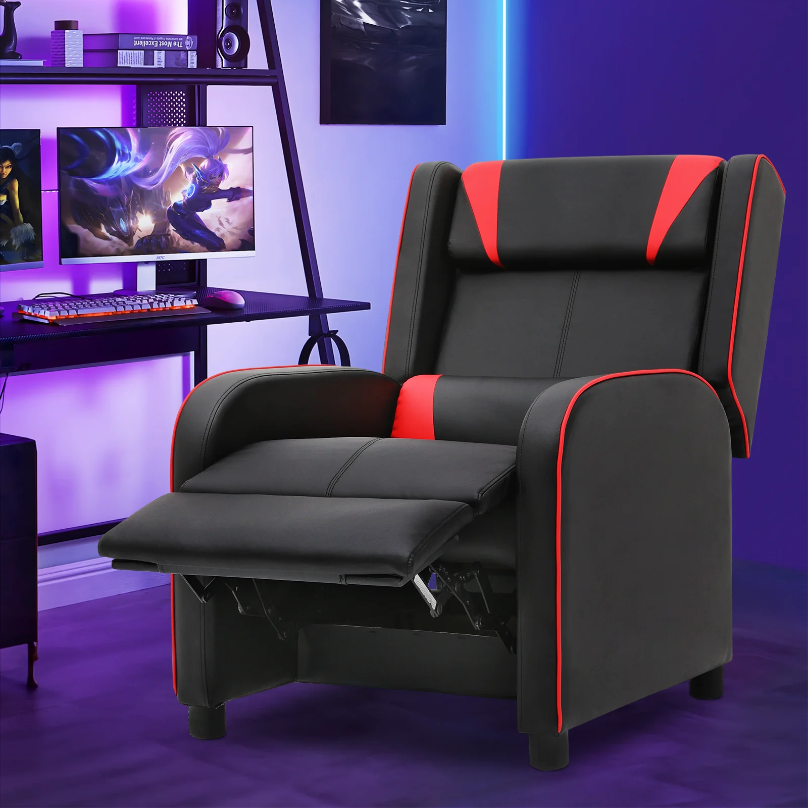 Magshion Gaming Massage Recliner Chair, Racing Style Game Lounge Chair with Footrest, Remote Control and Side Pocket, PU Leather Home Theater Seating, Red