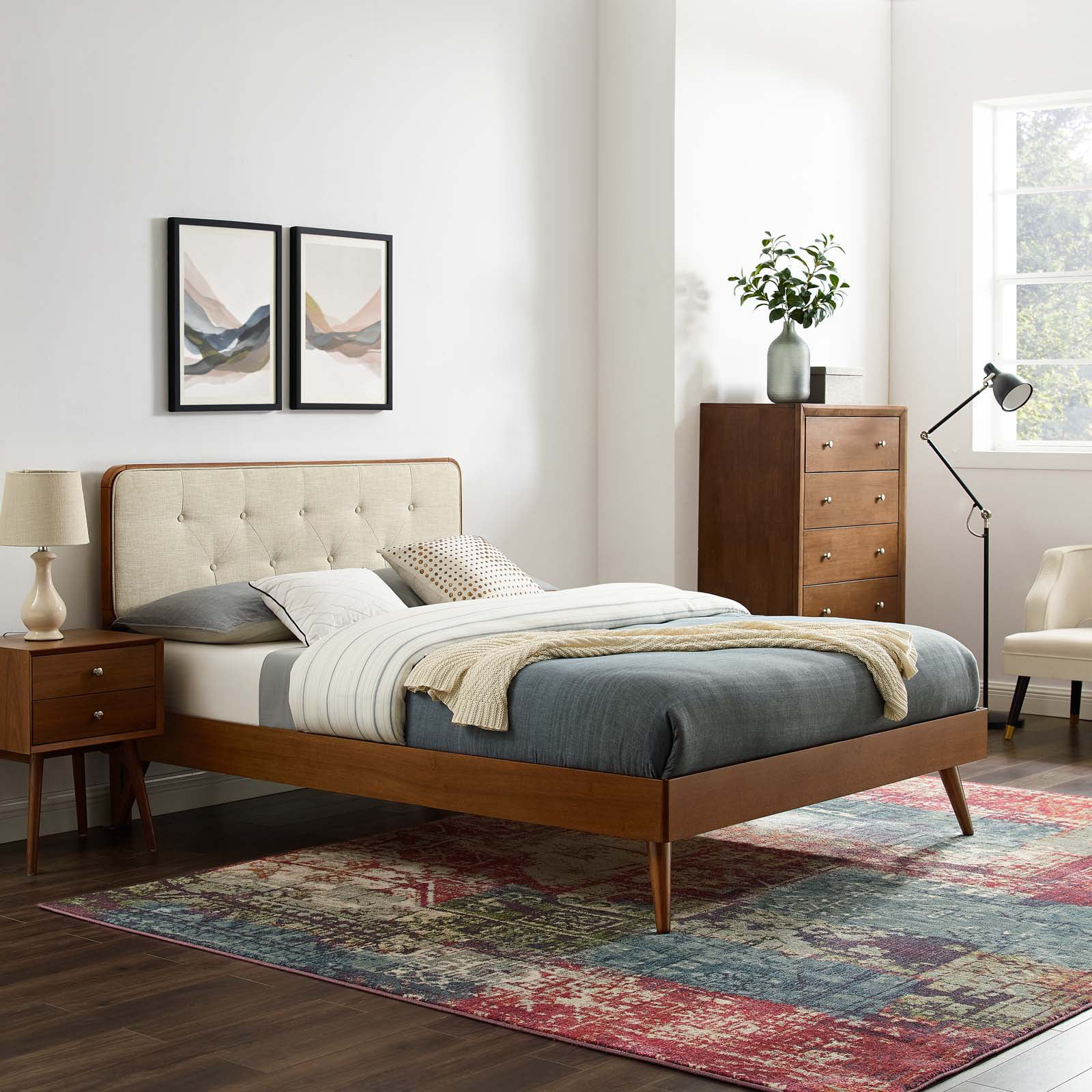 Platform Bed Frame, Full Size, Wood, Brown Walnut Beige, Modern Contemporary Urban Design, Bedroom Master Guest Suite
