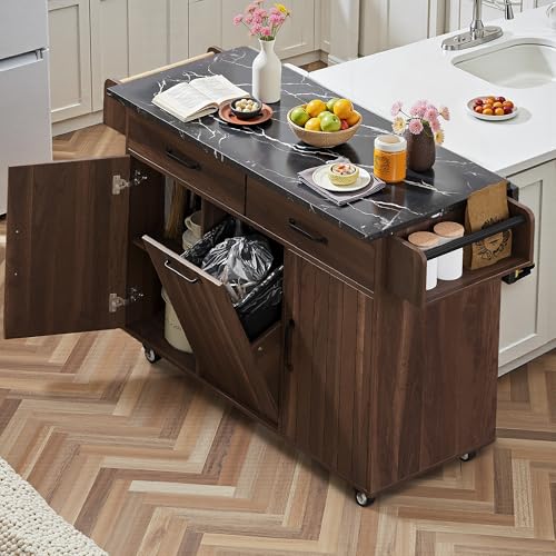 Kitchen Island Cart with Trash Can Storage, Multipurpose Drop Leaf Spice Rack Towel Rack Drawers Adjustable Shelves Mobile Rolling Kitchen Cabinet with Lockable Wheels