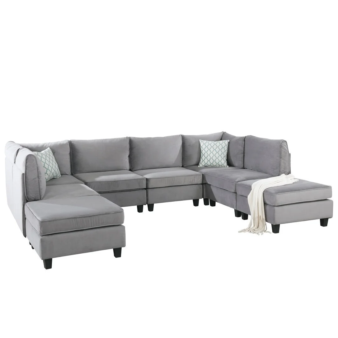 BESTCOSTY Gray Velvet 8Pc Modular Sectional Sofa