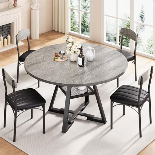 Round Dining Table Set for 4, Kitchen Table and Chairs for 4, Circle Table Round Pedestal Dining Room Dinner Dinette Table Set,5 Piece Space Saving Wood Kitchen & Dining Room Tables Set Furniture