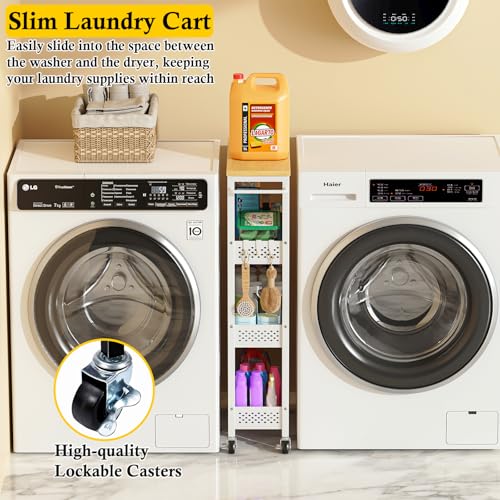 Utility Slim Storage Cart, 4 Tier Small Rolling Kitchen Laundry Room Cart with Wood Top, Metal Narrow Bathroom Storage Cabinet Mobile Shelf Unit Organizer Trolley with Handle for Narrow Space