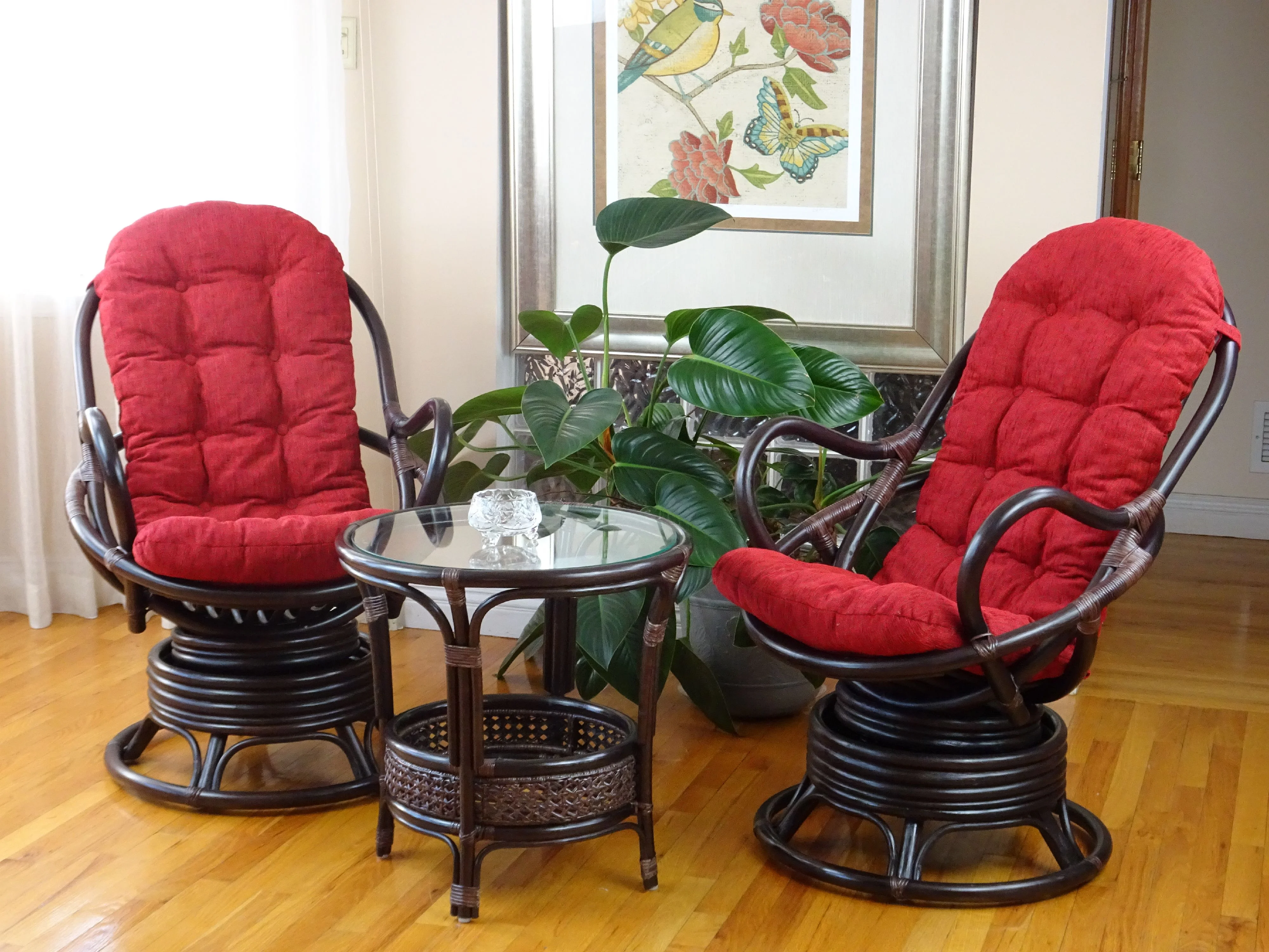 SK New Interiors Java Swivel Rocking Lounge Chair Natural Rattan Wicker w/Burgundy Cushion, Dark Brown