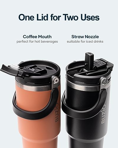 BUZIO 30 oz Tumbler with Handle, Insulated Tumbler with1 2-in-1 Lid and Straw, Stainless Steel Vacuum Insulated Iced Coffee Tumbler Cup Water Bottle for Water, Iced Tea or Coffee, Smoothie