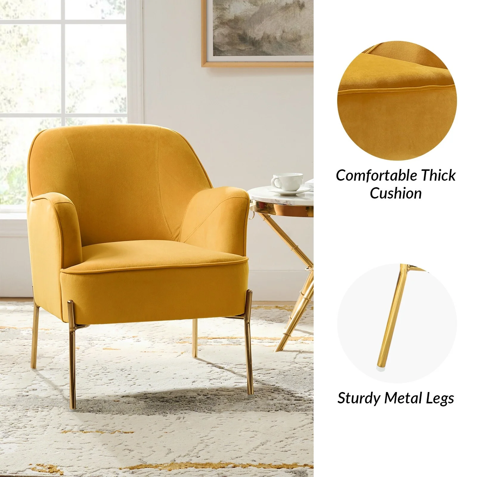 HULALA HOME Marina Modern Velvet Accent Chair with Golden  Legs Set of 2 by  MUSTARD
