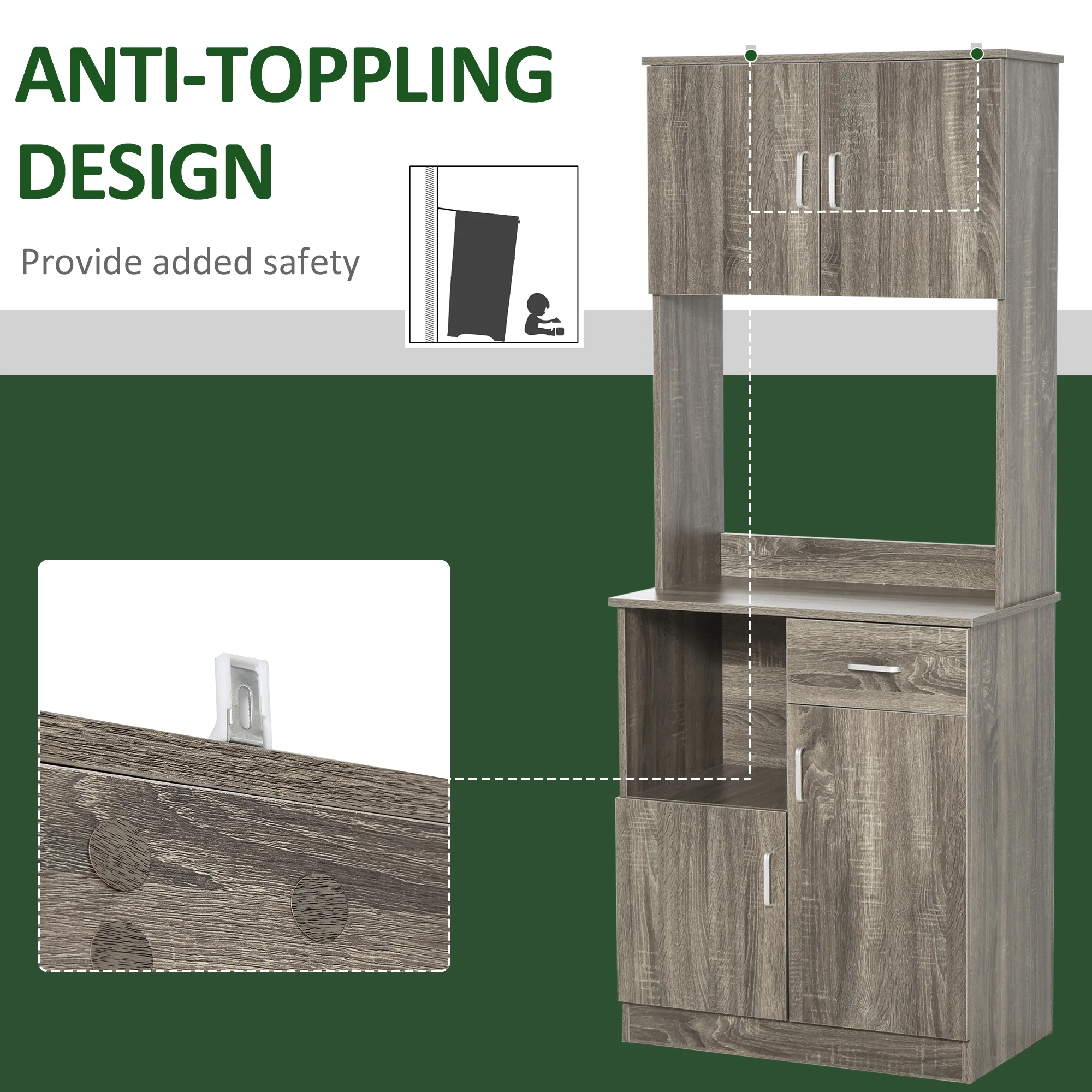 HOMCOM Kitchen Pantry Storage Cabinet with Microwave Stand, Buffet with Hutch, Door Cupboards, Drawer and Adjustable Shelves, Gray