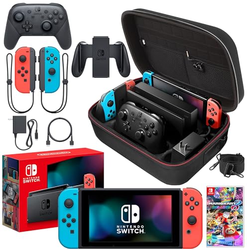 Nintendo Switch Neon Blue/Red with Mario Kart 8 Deluxe Bundle | Includes Wireless Pro Controller, Extra Joy-Con (Red/Blue) | With Signature Series Large Carry Case and Earphones