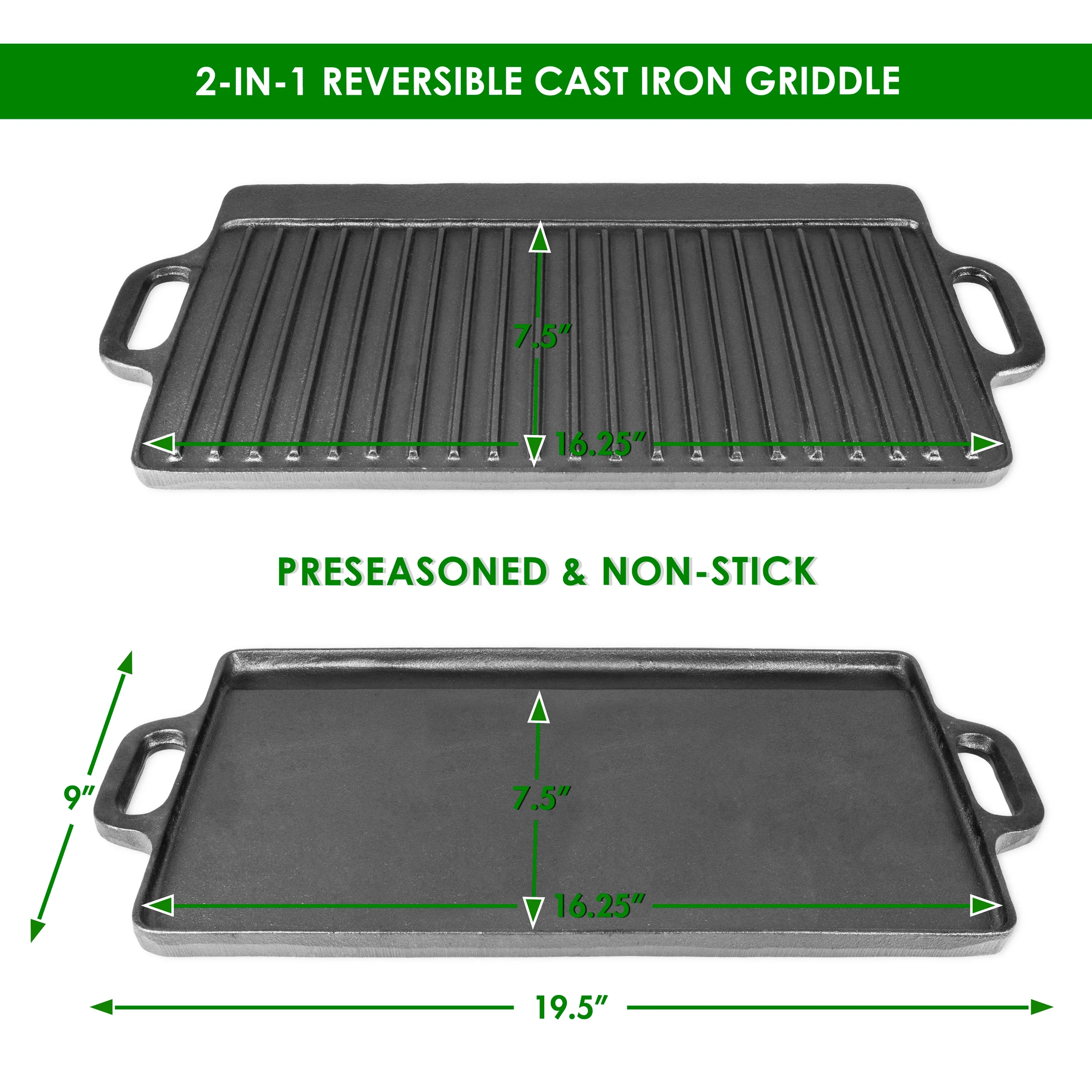ProSource 2-in-1 Reversible & Preseasoned 19.5” x 9” Cast Iron Griddle
