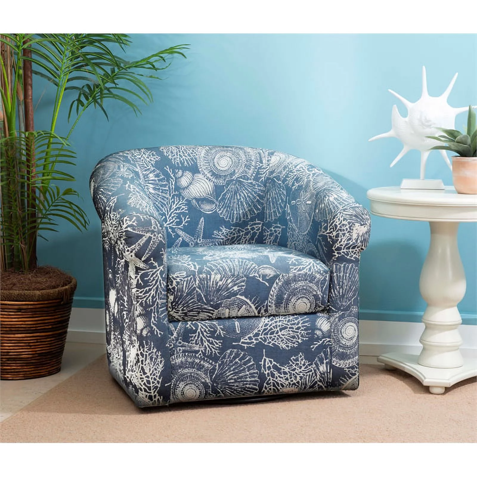 Home Square 2 Piece Swivel Coastal Wood Upholstered Club Chair Set in Blue