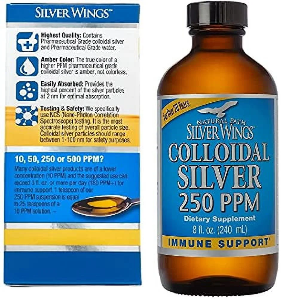 Natural Path Silver Wings Colloidal Silver Bottle 250PPM 8Oz +Dropper 250PPM 2Oz