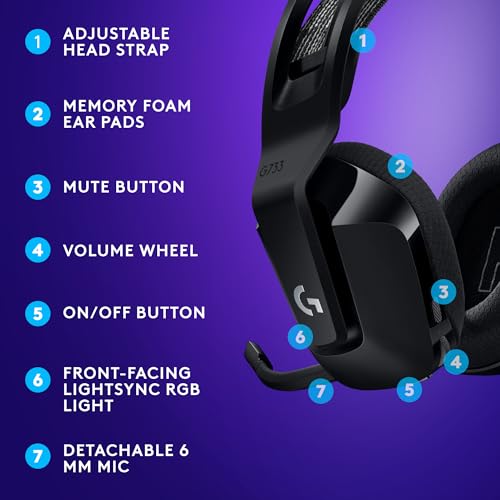 Logitech G733 Lightspeed Wireless Gaming Headset, Suspension Headband, Lightsync RGB, Blue VO!CE Mic, PRO-G Audio – Black, Gaming Headset Wireless, PC, PS5, PS4, Switch Compatible