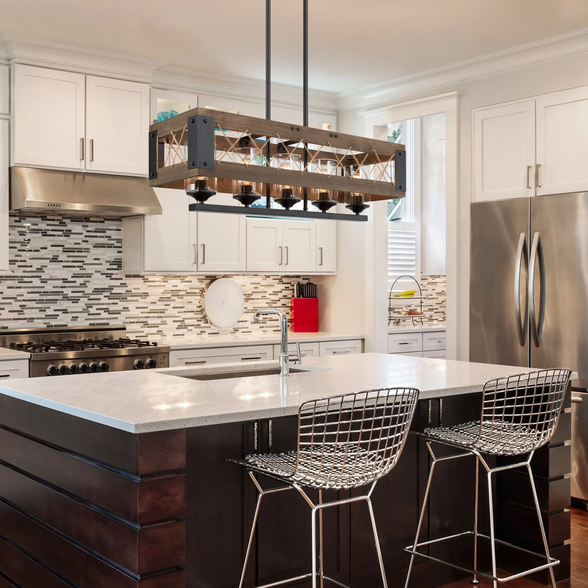 Farmhouse 5-Light Wood Linear Chandelier Island Pendant Lighting for Dining Room 32