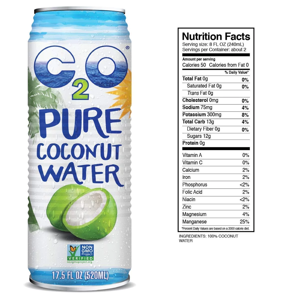 C2O Pure Coconut Water | Plant Based | Non-GMO | No Added Sugar | Essential Electrolytes | 17.5 FL OZ (Pack of 12)