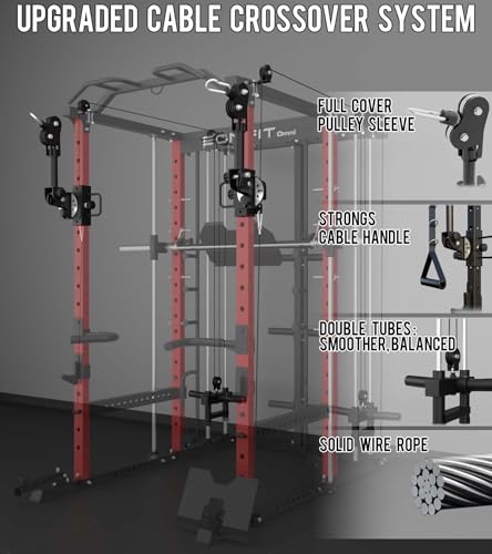 Eonfit E5 Smith Machine with Vertical Leg Press, Power Cage Squat Rack with LAT-Pull Down Cable Crossover Rotating Arms System Home Gym Equipment All in One (E5 RED)