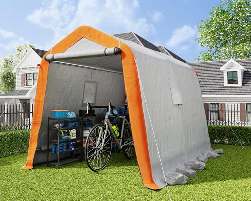 AMERLIFE 10.5x12x8 FT Heavy Duty Portable Shed Storage Shelter, Outdoor Storage Shed with 4 Waterproof Windows & Roll-up Zipper Door, Carport for Motorcycle, Bike, Grey