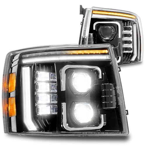 Full LED Headlight Assembly Replacement for 2007-2013 Chevy Silverado 1500 07-14 Silverado 2500HD 3500HD 2500 3500 HD [DOT] DRL Amber Sequential Turn Signal Driver Passenger Headlamp Bulb