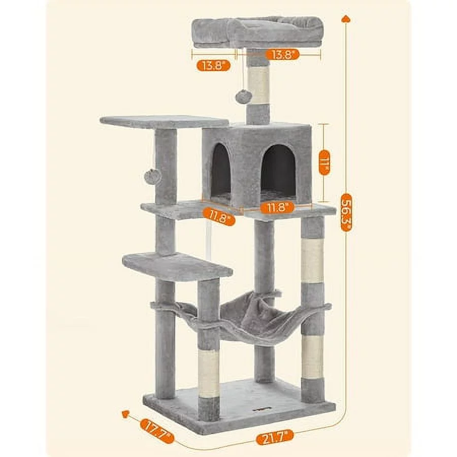 Feandrea Cat Tree Cat Tower Cat Condo with Scratching Posts Hammock Cat Activity Center Light Gray