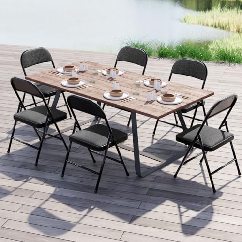 Nazhura 4 Pack Folding Chairs, Fabric Dining Chair Set with Padded Cushion and Back, Indoor Outdoo Seat for Home Office Events Wedding Party (Oatmeal Strip Fabric Seating)