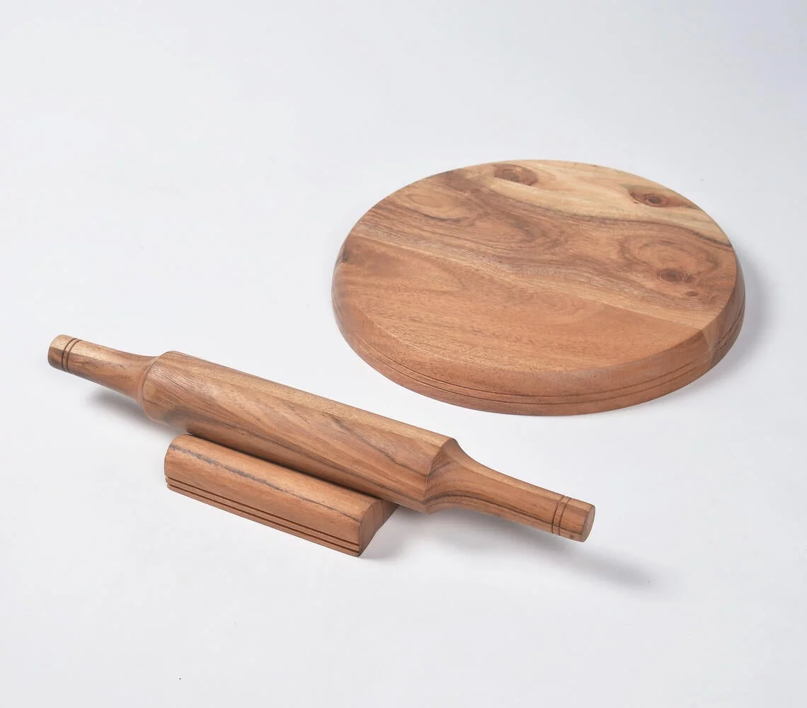 Wood Turned Acacia Wood Rolling Pin & Board With Stand