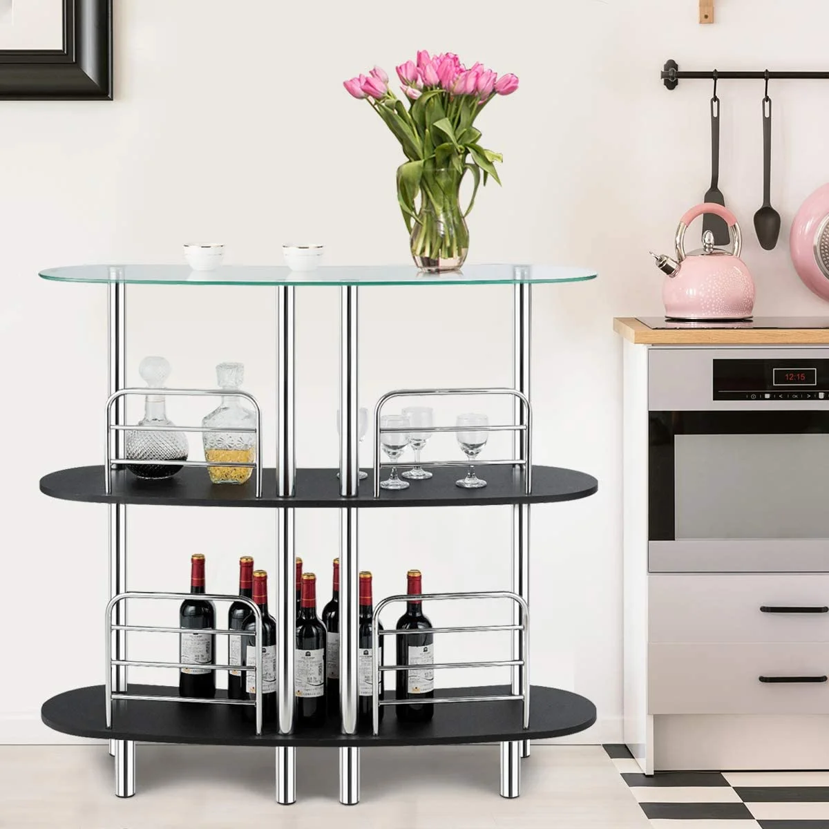 YOJFOTOOU. 3-Tier Glass Liquor Bar Cabinets, Wine Bar Storage with Tempered Glass Counter Top and Metal Frame, Bar Unit with 2 Shelves, Bar Organize Ideal for Living Room/Home/Kitchen/Bar/Pub