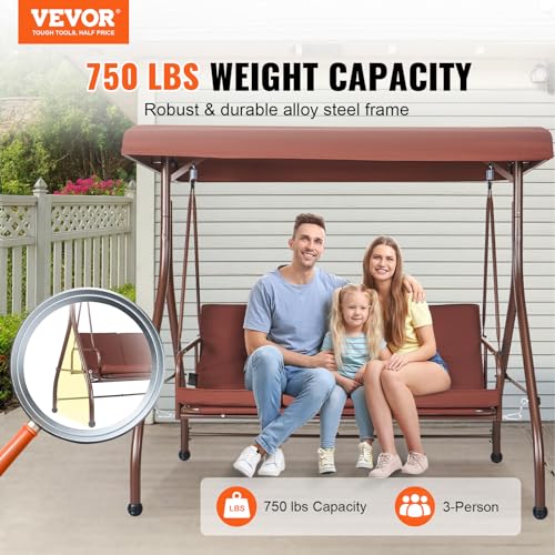VEVOR 3-Seat Patio Swing Chair, Converting Canopy Swing, Outdoor Patio Porch with Adjustable Canopy, Removable Thick Cushion and Alloy Steel Frame, for Balcony, Backyard, Poolside, Brown